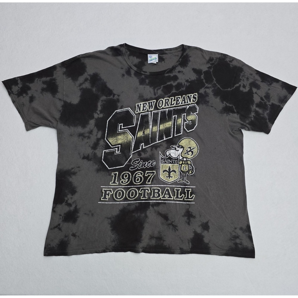 47 Brand New Orleans Saints Tie Dye T-Shirt Mens 2XL Vintage Tubular Black Gray